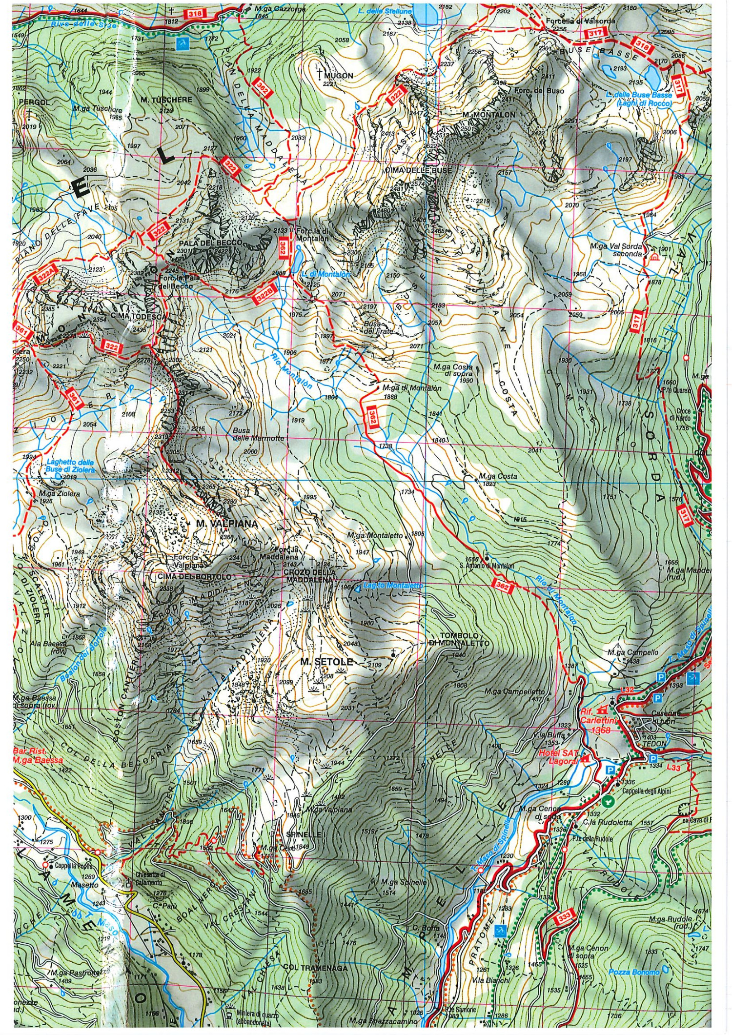 Mappa - Gruppo del magico Lagorai, Malga Cere; Monte Valpiana, Forcella Ziolera